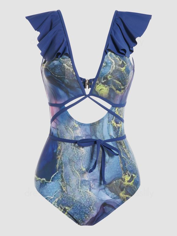 Maillot de Bain Monokini Une-Pièce Noué Découpé à Imprimé Marbre - multicolor A XXL