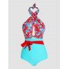 Maillot de Bain Une-Pièce Croisé à Imprimé Fleur Tropicale à Taille Haute avec Nœud Papillon - Bleu M