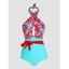 Maillot de Bain Une-Pièce Croisé à Imprimé Fleur Tropicale à Taille Haute avec Nœud Papillon - Bleu M