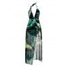 Tropical One-piece Swimsuit Leaf Print Padded Halter Swimwear And Mesh Wrap Sarong Set - GREEN L