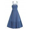 Tied Shoulder Tiered Dress Plain Color Hollow Out Lace Panel Trapeze Midi Dress - BLUE L