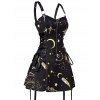 Sun Star Print Dress Half Zipper Lace Up High Waisted Strap A Line Mini Dress