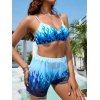 Fire Print Bikini Swimwear Surplice High Cut Mesh Shorts Swimsuit Padded Vacation Three Piece Bathing Suit - BLUE L