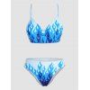 Fire Print Bikini Swimwear Surplice High Cut Mesh Shorts Swimsuit Padded Vacation Three Piece Bathing Suit - BLUE L