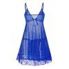 Lace Panel See Thru Mesh Bowknot Plunging Neck Lingeries Dress And T Back Lingeries Set - BLUE ONE SIZE