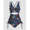 Ensemble de Bikini de Bain Monokini Une-Pièce Découpé Plissé Torsadé en Avant à à Imprimé Feuille Fleurie - multicolor A XXL