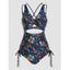 Ensemble de Bikini de Bain Monokini Une-Pièce Découpé Plissé Torsadé en Avant à à Imprimé Feuille Fleurie - multicolor A XXL