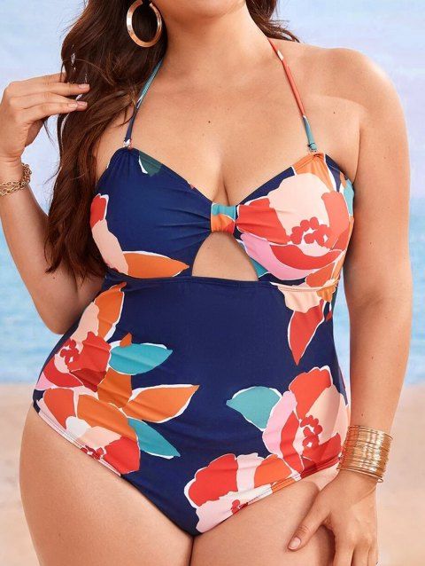 Plus Size Colorful Flower Print Halter One-piece Swimsuit Padded Cut Out Beach Swimwear