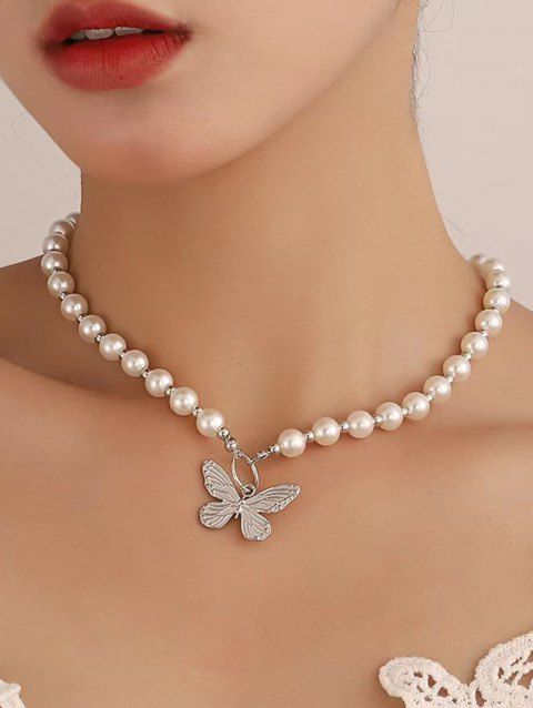 Faux Pearl Butterfly Pendants Elegance Necklace