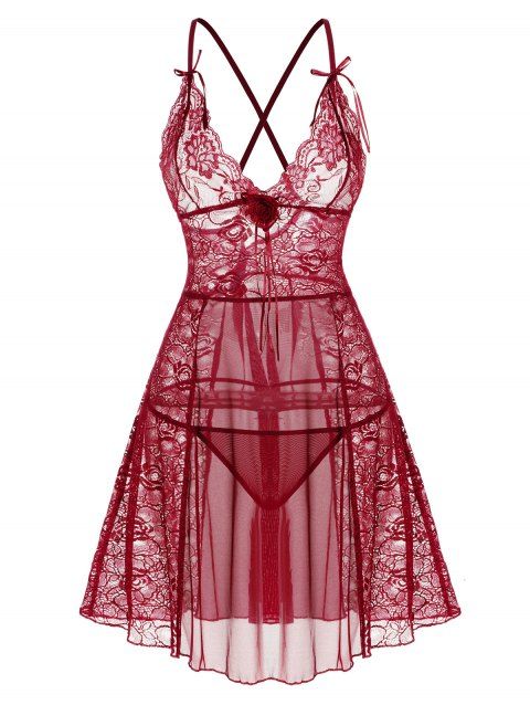 See Thru Flower Lace Mesh Lingerie Set Adjustable Strap Plunge Crossover Lingerie Dress Set