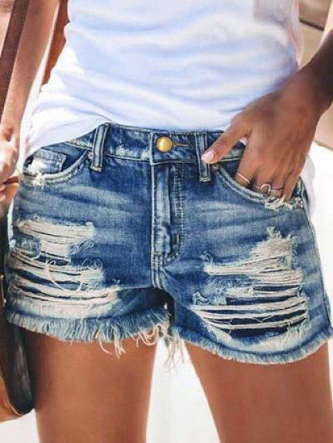 Destroyed Jeans Shorts Zipper Fly Pockets Frayed Hem Ripped Denim Shorts