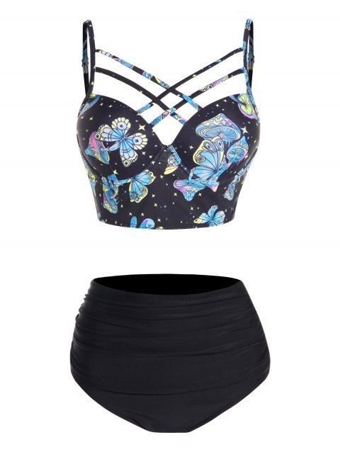 Butterfly Mushroom Print Tankini Swimsuit Lattice Strap Tummy Control Swimwear Ruched Underwire Bathing Suit