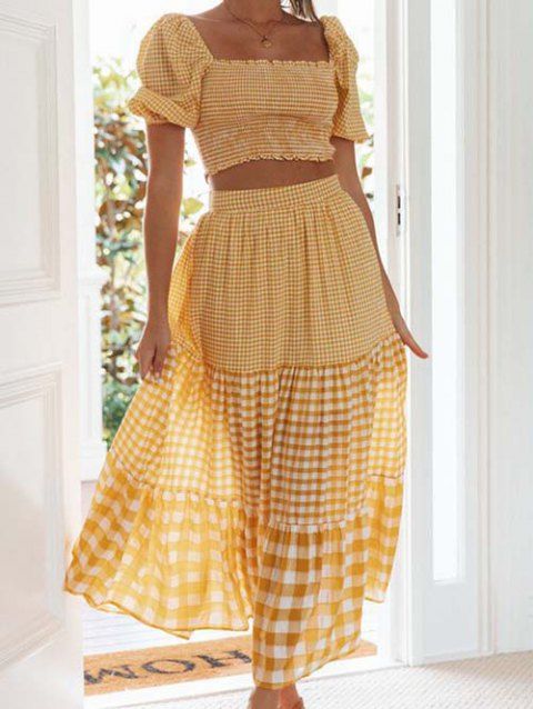 Plaid Matching Set Shirred Puff Sleeve Square Neck Crop Top And Tiered Maxi Skirt Set