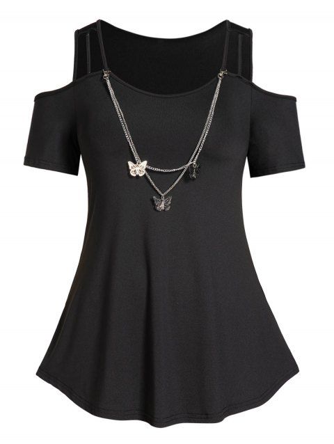 Plus Size T Shirt Cold Shoulder Cut Out Butterfly Chain Embellishment Casual Tee