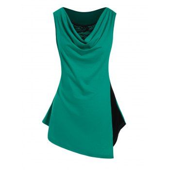 

Contrasting Colorblock Flower Lace Panel Cowl Neck Asymmetric Tank Top, Green