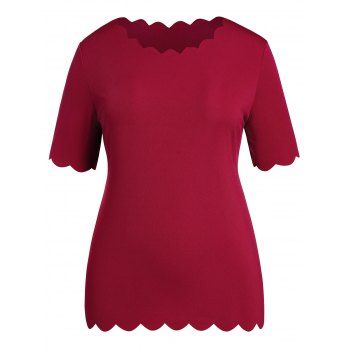 

Plus Size T Shirt Plain Color Scalloped Scoop Neck Half Sleeve Casual Tee, Deep red