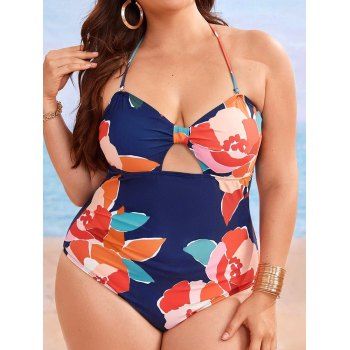 

Plus Size Colorful Flower Print Halter One-piece Swimsuit Padded Cut Out Beach Swimwear, Multicolor