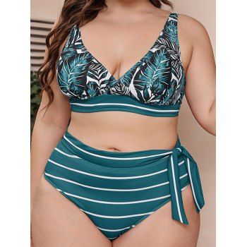 

Plus Size Tropical Print Bikini Swimsuit Padded Bikini Two Piece Swimwear Stripe High Waist Bathing Suit, Deep green