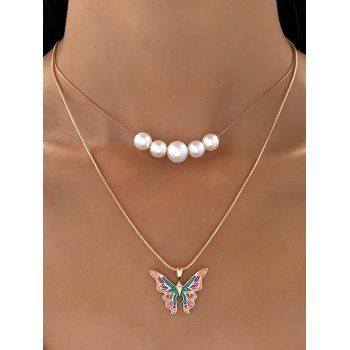 Colored Butterfly Faux Pearl Trendy Layered Necklace