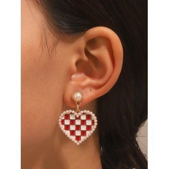 

Plaid Print Heart Shaped Faux Pearl Drop Earrings, Red