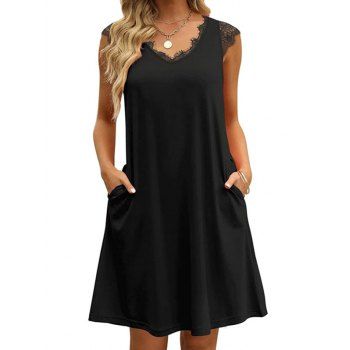 

Plain Color Dress Lace Insert Scalloped V Neck Cap Sleeve Side Pockets A Line Mini Dress, Black