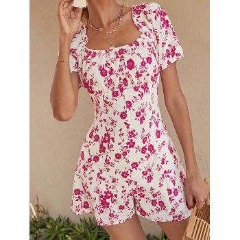 

Floral Print Romper Backless Ruffles Puff Sleeve Empire Waist Romper, White