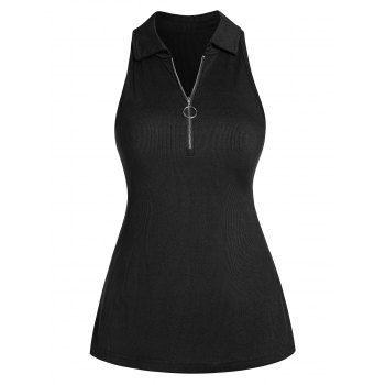 

Solid Color Half Zipper Tank Top Turn Down Collar Textured Casual Tank Top, Black