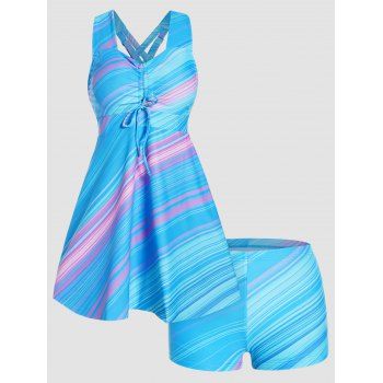 

Modest Tankini Swimsuit Colored Striped Print Swimwear Cinched Crisscross Padded Boyshorts Vacation Bathing Suit, Blue