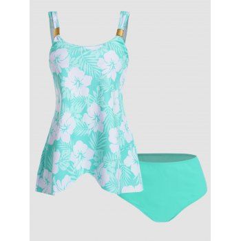 

Tropical Leaf Flower Print Vacation Tankini Swimsuit Padded Tankini Two Piece Tankini Swimwear High Waist Bathing Suit, Green