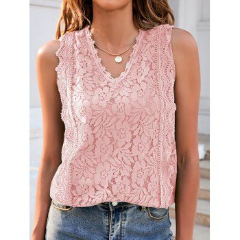 

Flower Lace Panel Tank Top Plain Color V Neck Scalloped Casual Tank Top, Light pink