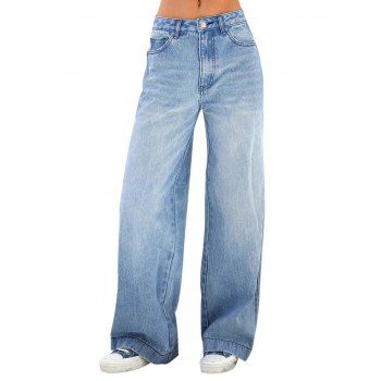 

Light Wash Jeans Zipper Fly Pockets Long Wide Leg Denim Pants, Blue