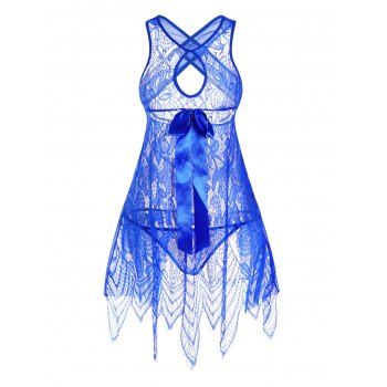 

Hollow Out Lace See Thru Mesh Panel Cut Out Halter Crisscross Bowknot Asymmetric Lingeries Top And T Back Lingeries Set, Blue
