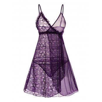 

See Thru Flower Lace Panel Mesh Ruffle Bowknot Overlay Lingeries Top And T Back Lingeries Set, Concord