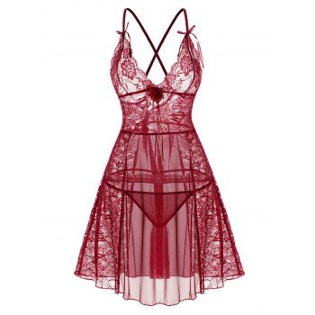 

See Thru Flower Lace Mesh Lingerie Set Adjustable Strap Plunge Crossover Lingerie Dress Set, Deep red