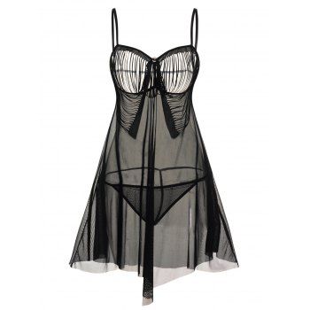 

See Thru Mesh Lingerie Set Hollow Out Tassel T-back Lingerie Two Piece Set, Black