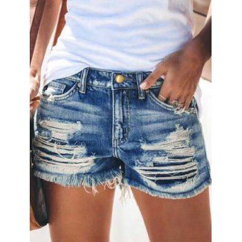 

Destroyed Jeans Shorts Zipper Fly Pockets Frayed Hem Ripped Denim Shorts, Blue