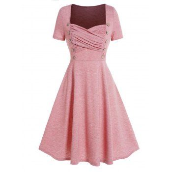 

Heather Dress Crossover Ruched Mock Button Short Sleeve Sweetheart Neck High Waisted A Line Mini Dress, Light pink