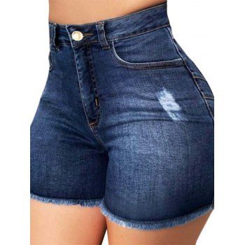 

Frayed Hem Jeans Shorts Dark Wash Zipper Fly Ripped High Waisted Denim Shorts, Blue