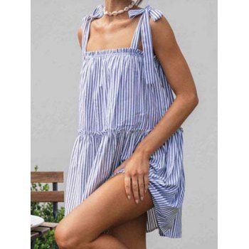 

Stripe Print Flowy Babydoll Dress Knot Tie Strap Ruffles Sleeveless Mini Dress, Light blue