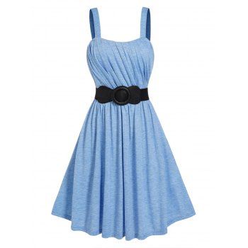 

Heather Pastel Color Dress Pleated Bowknot Belted High Waisted Sleeveless A Line Midi Dress, Light blue