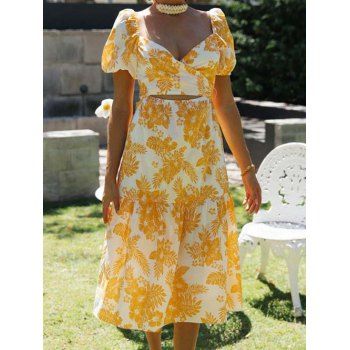 

Flower Leaf Print Dress Cut Out Tied Back Crossover Puff Sleeve Shirred A Line Midi Dress, Yellow