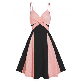 

Contrast Colorblock Dress Empire Waist Sleeveless Spaghetti Strap Crossover A Line Midi Dress, Black
