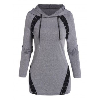 

Lace Up Eyelet Hooded Top Raglan Sleeve Drawstring Hood Top, Gray