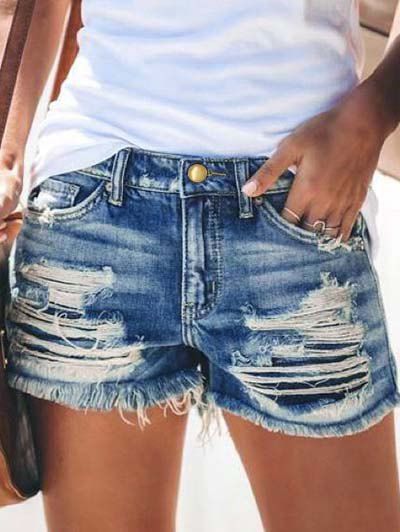 Destroyed Jeans Shorts Zipper Fly Pockets Frayed Hem Ripped Denim Shorts - BLUE 2XL