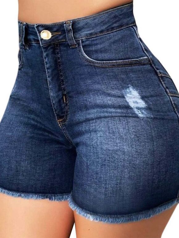 Short Déchiré Zippé à Ourlet Effrangé à Taille Haute en Denim - Bleu 2XL