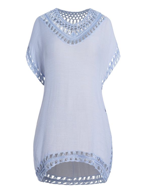 Plus Size Cover-up Dress Pastel Color Crochet V Neck Mini Beach Cover-up Dress - LIGHT BLUE ONE SIZE
