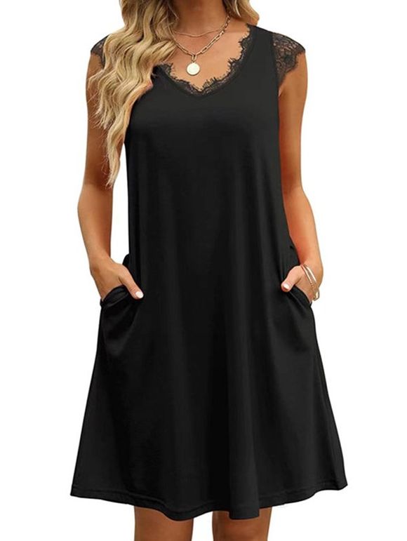 Mini Robe Ligne A Festonnée en Dentelle Insérée à Mancherons à Col V en Ligne A Couleur Unie - Noir 2XL