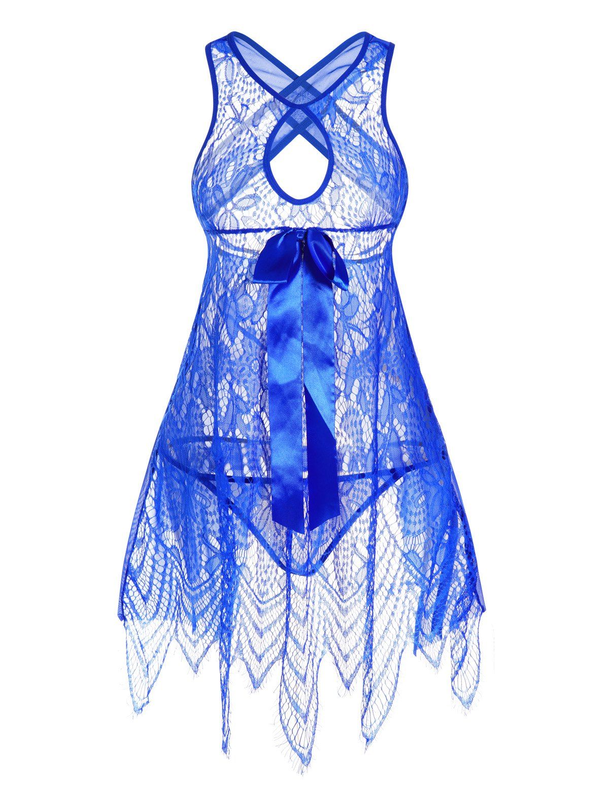 Hollow Out Lace See Thru Mesh Panel Cut Out Halter Crisscross Bowknot Asymmetric Lingeries Top And T Back Lingeries Set - BLUE ONE SIZE