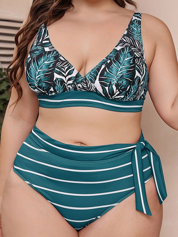 Plus Size Tropical Print Bikini Swimsuit Padded Bikini Two Piece Swimwear Stripe High Waist Bathing Suit - DEEP GREEN XL