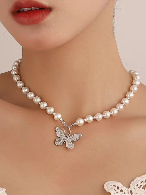 Collier avec Pendentifs Papillon Elégante et Perle Fantaisie - Blanc 